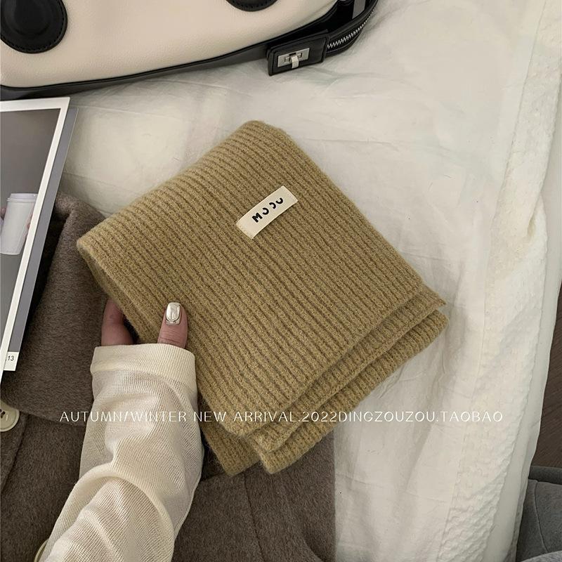 Solid color wool scarf women's autumn and winter warm versatile white student knitted scarf tide