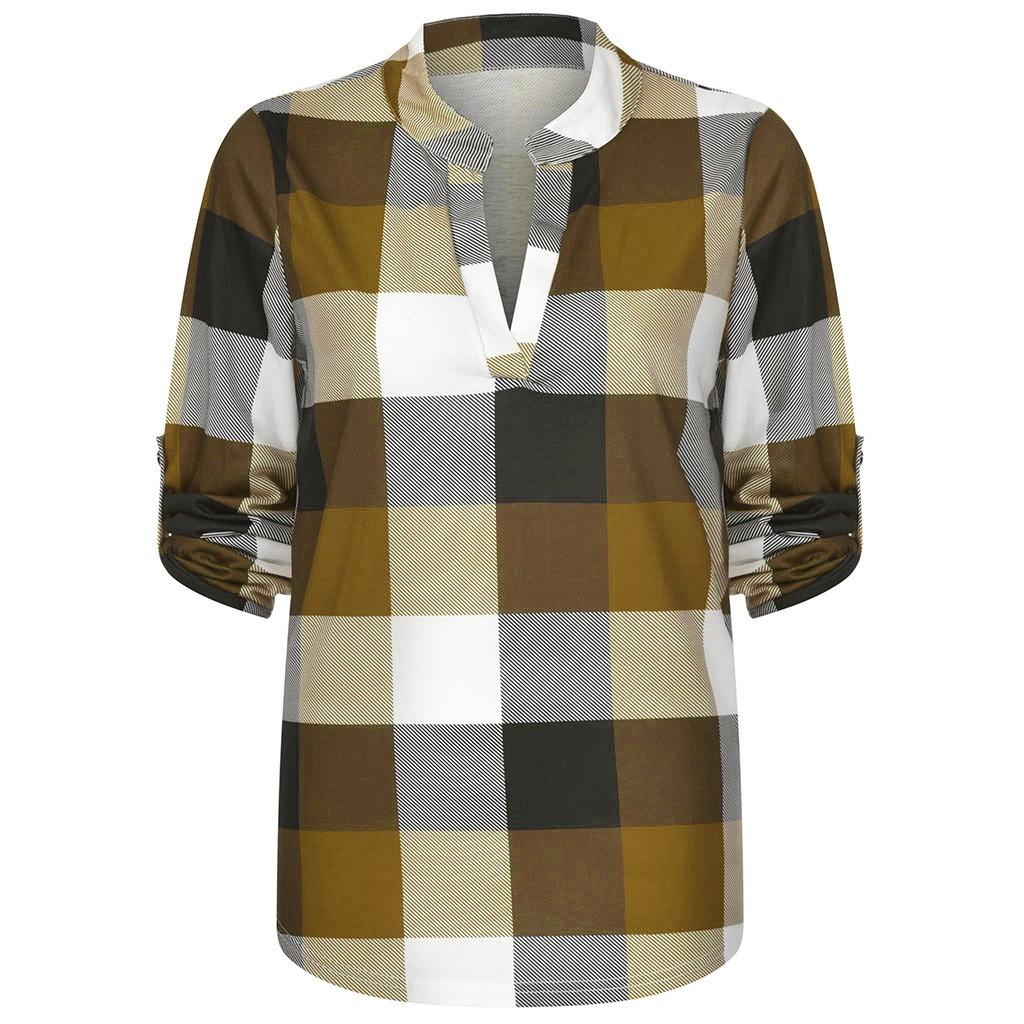 Maglietta a maniche lunghe da donna, casual, con scollo a V, a quadri, aderente, lunga