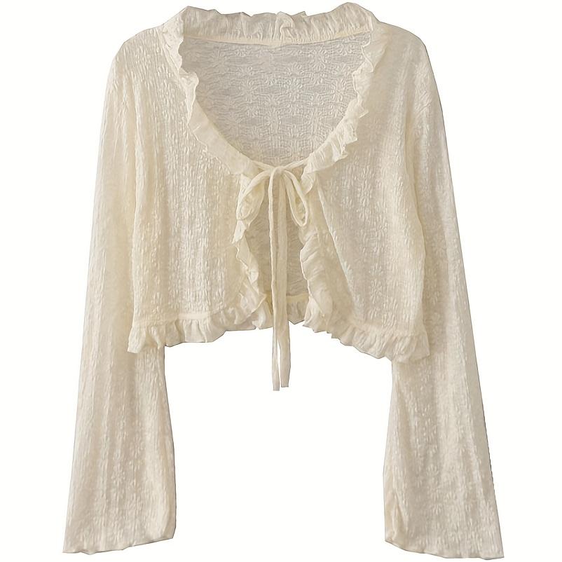 Elegante e Carino Cardigan Sottile con Laccetti e Pizzo, Top Sottile Traspirante con Maniche Lunghe in Chiffon e Volant per Donna, Mantellina Estiva