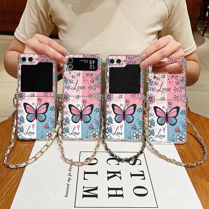 Metal Rope Lanyard Case For Samsung Galaxy Z Flip7 Flip6 Flip5 Flip4 Flip 7 FE 6 5 4 3 5G Beautiful Butterfly Print TPU Cover