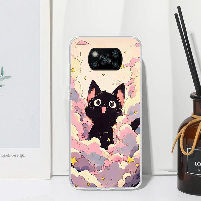 Anime Cute Black Cat Meow Phone Case For Xiaomi Poco X7 X6 X5 M7 M8 Pro F7 Ultra Redmi 15C 15 13C 13 12C 12 10 10C 10A Art Funda