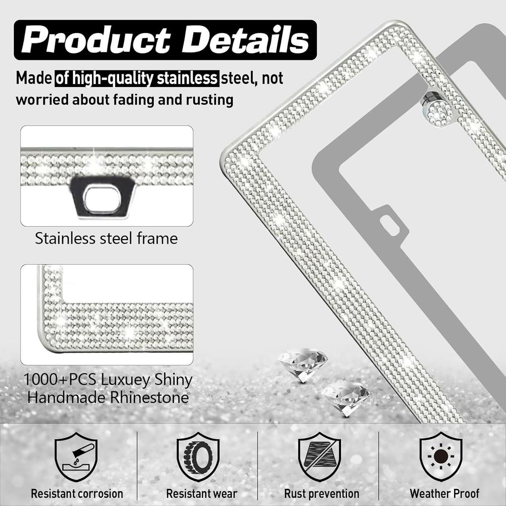 Bling Rhinestone License Plate Frame for Women 2PC, Sparkly Stainless Steel Frames & Over 1200 pcs Finest 14 Facets Black Glass Crystals Premium