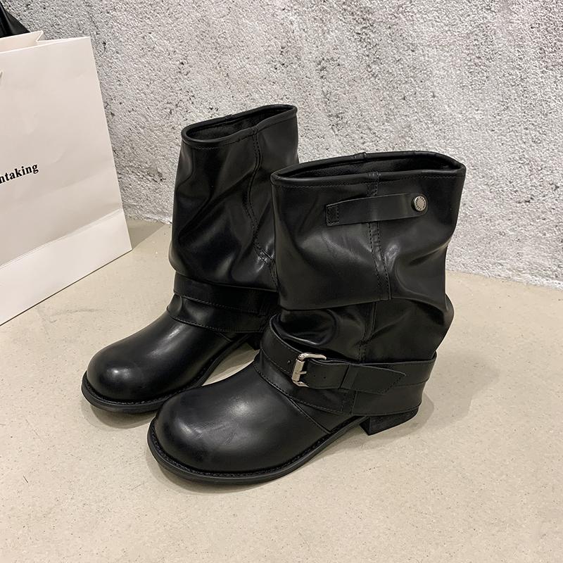 Autumn Winter Thick Heel Women Western Cowboy Boots Fashion Belt Buckle Slip On Shoes Ladies Vintage Pleated Short Booties