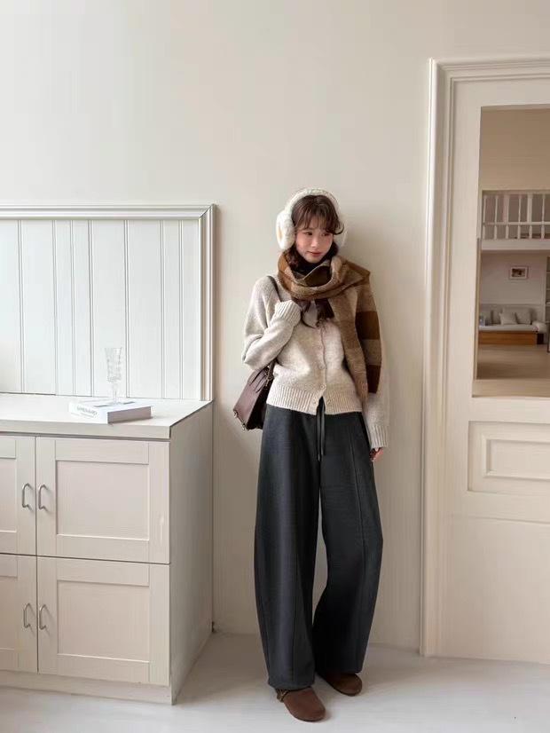 

2026 Spring Women s High-Waisted Wide-Leg Drawstring Pants: Loose, Versatile, Casual, Slimming, Long Lazy Style Small черный серый
