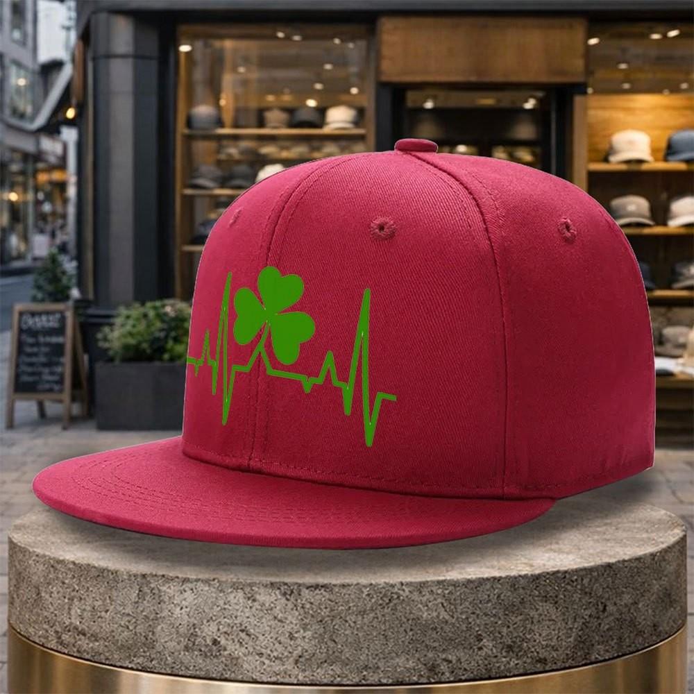 Irish Shamrock Heartbeat Baseball Cap Polyester Unisex Flat Brim HipHop Street Style Adjustable Golf Hat