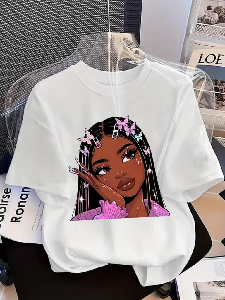 Girls' Summer Crew-Neck Short-Sleeved Top New Black Girls Cute Top Girls Clothes Cartoon Print T-Shirt Top Children's Clothing