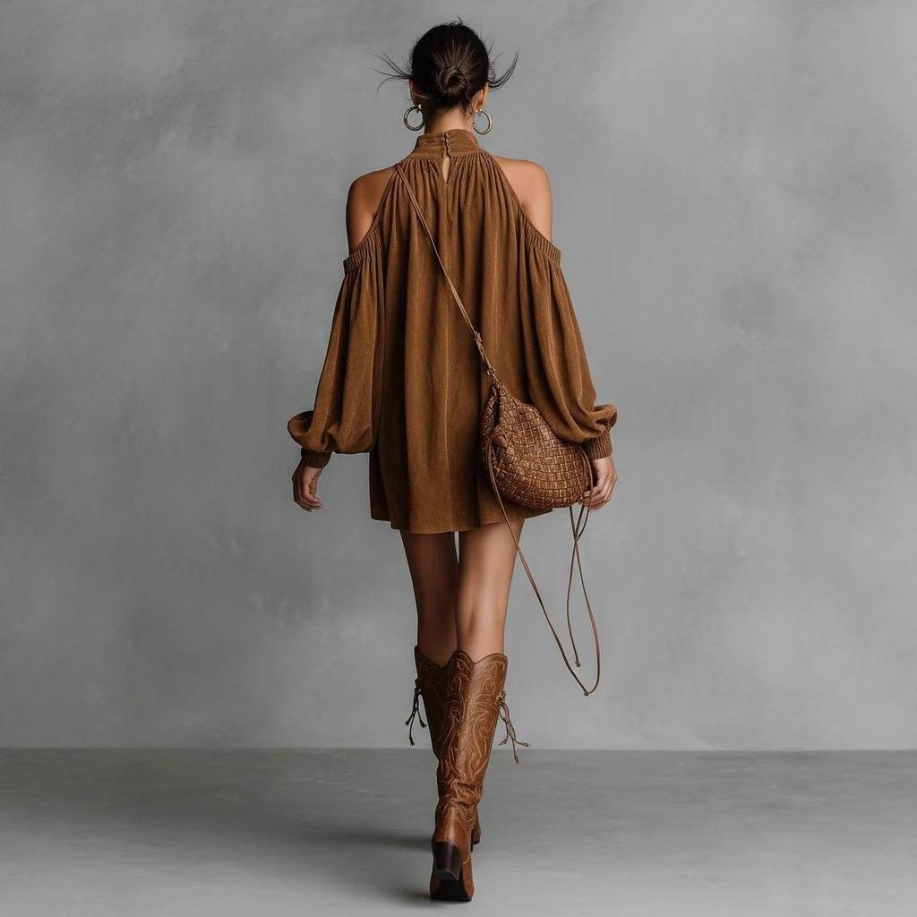 2025 Euro-American Chic Off-Shoulder Mini Dress with Suede Lantern Sleeves & Halter Neck