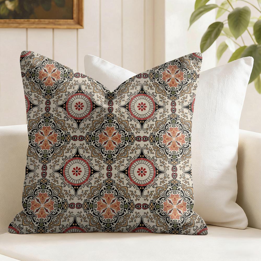 Snycler Boho Teppichmuster Kissenbezug Natürlicher Leinen Doppelseitiger Druck Dekokissenbezug für Sofa Couch Heimdekoration