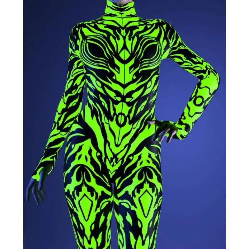 Women Art Irregular Lines Jumpsuit Cyber Punk Bodysuit Halloween Holiday Party Cosplay Costume Performance Romper Zentai Suit