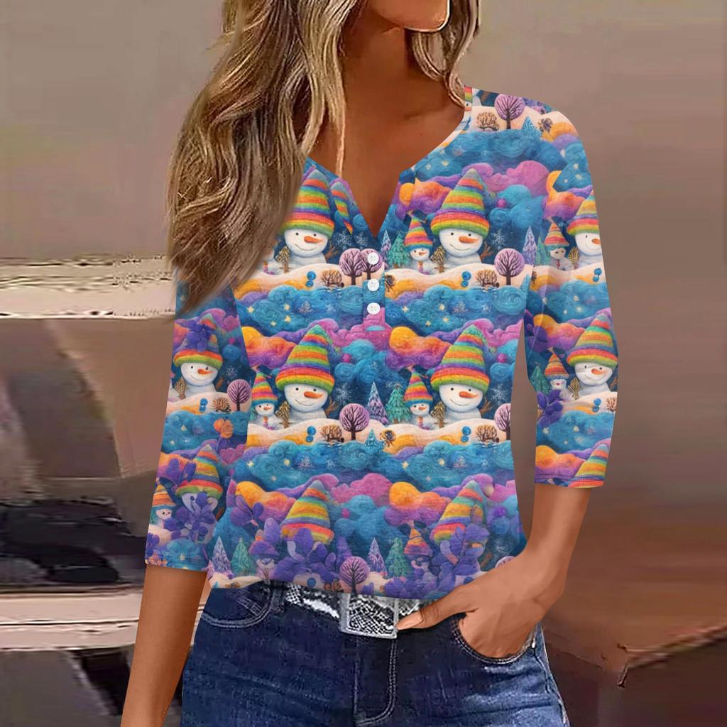 Women's Fashionable Casual Christmas Printed V-neck Three-quarter Sleeve Decorated Button Top
