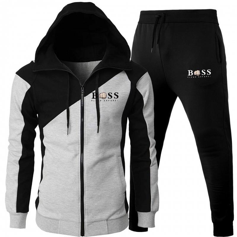 Mens Hooded Sportswear Set Long Sleeve Top Pants Casual Tracksuit Fall Lightweight Warm Cotton Blend