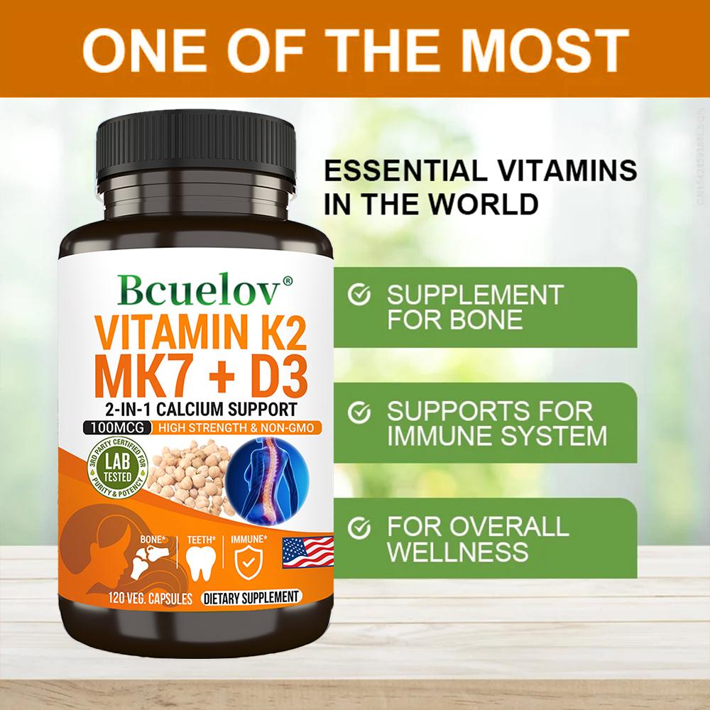 Bcuelov Vitamin K2 MK7+D3 Capsules100mcg K2+25mcg D3 2-in-1 Calcium Absorption Formula Helps with Bone Health