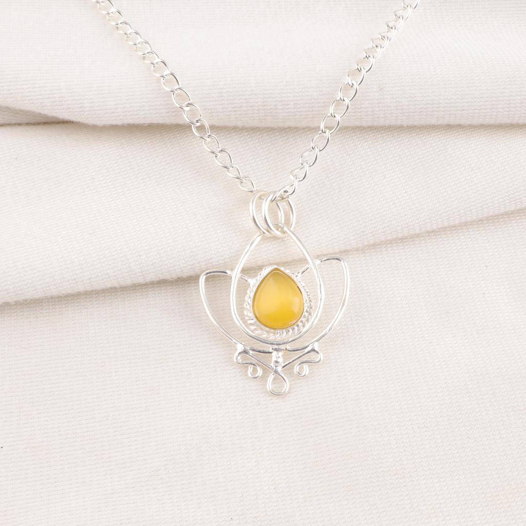 Yellow Cat's Eye 925 Sterling Silver Pendant, Handmade Gorgeous Silver Jewelry, Beautiful Cat's Eye Gemstone Jewelry For Gift