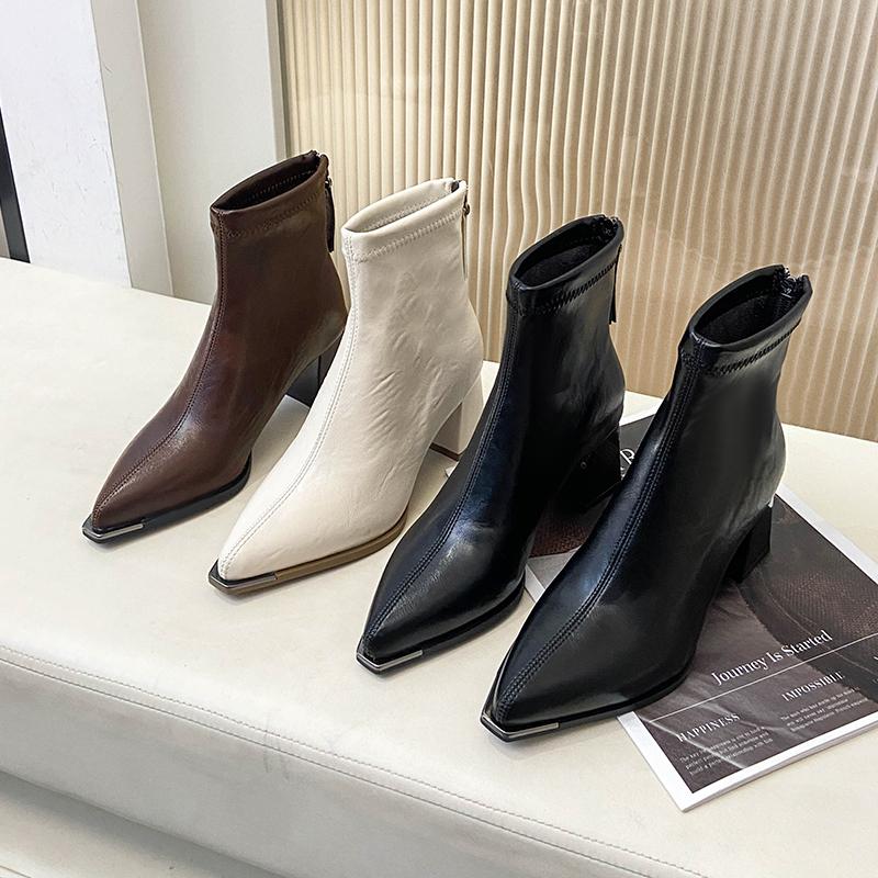 Designer Black Ankle Boots Autumn French Retro Pointed Toe High Heel Chelsea Boots Metal Decoration Designer Short Booties