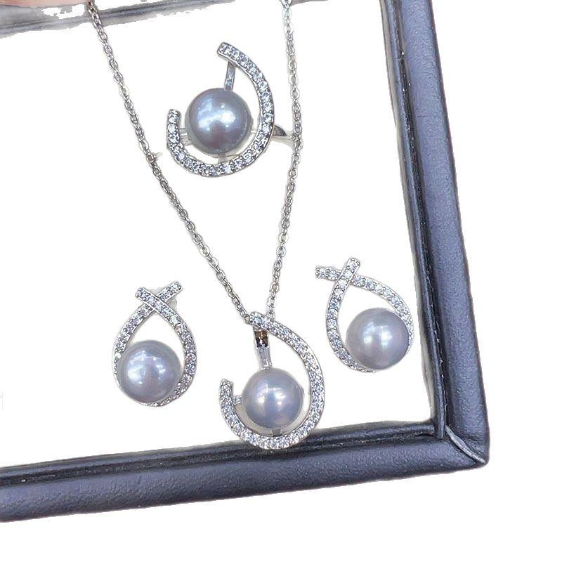Elegant Three-Piece Set: Genuine Freshwater Pearl Pendant, Earrings, and Ring