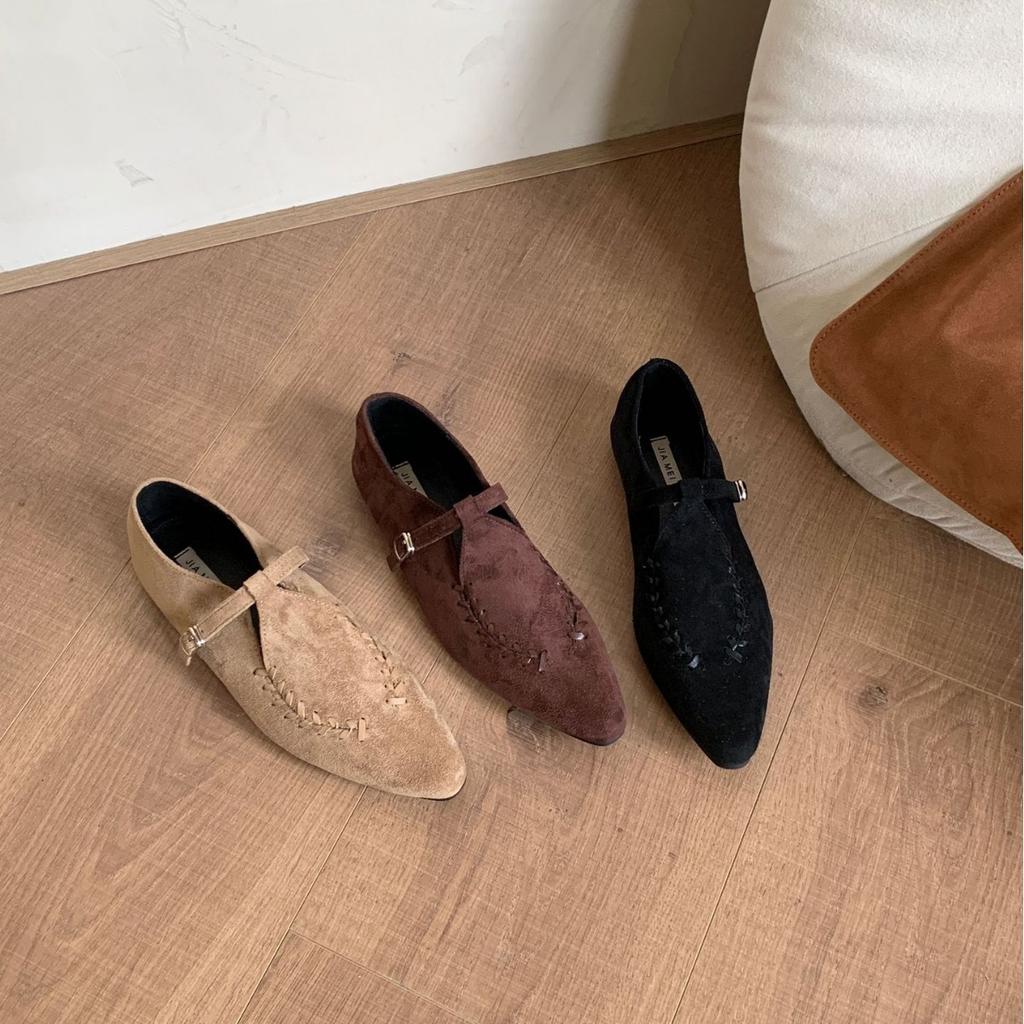 2025 Autumn New Light Mouth Suede Thick Heel Niche Soft Sole One Word with Woven Versatile Women's Single Shoes