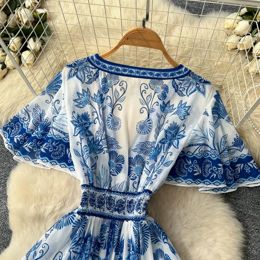 Luksusowa Niebiesko-Biała Porcelanowa Sukienka Maxi Bez Rękawów z Dekoltem V dla Kobiet Elegancka Letnia Sukienka A-Line z Wysokim Stanem Modelująca Sylwetkę