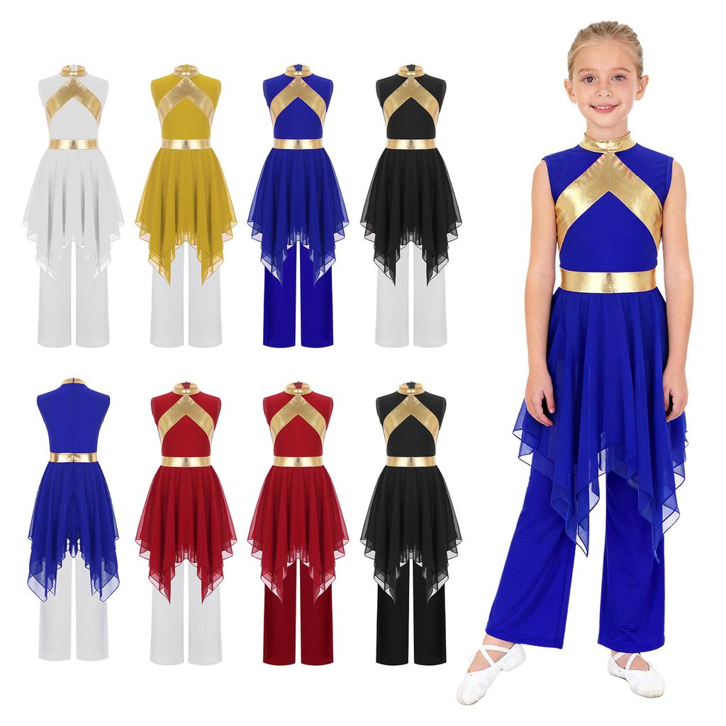 Completo liturgico da danza di lode per bambina: Abito Senza Maniche Asimmetrico Patchwork a Contrasto Metallico & Pantaloni a Gamba Larga con Vita Elastica