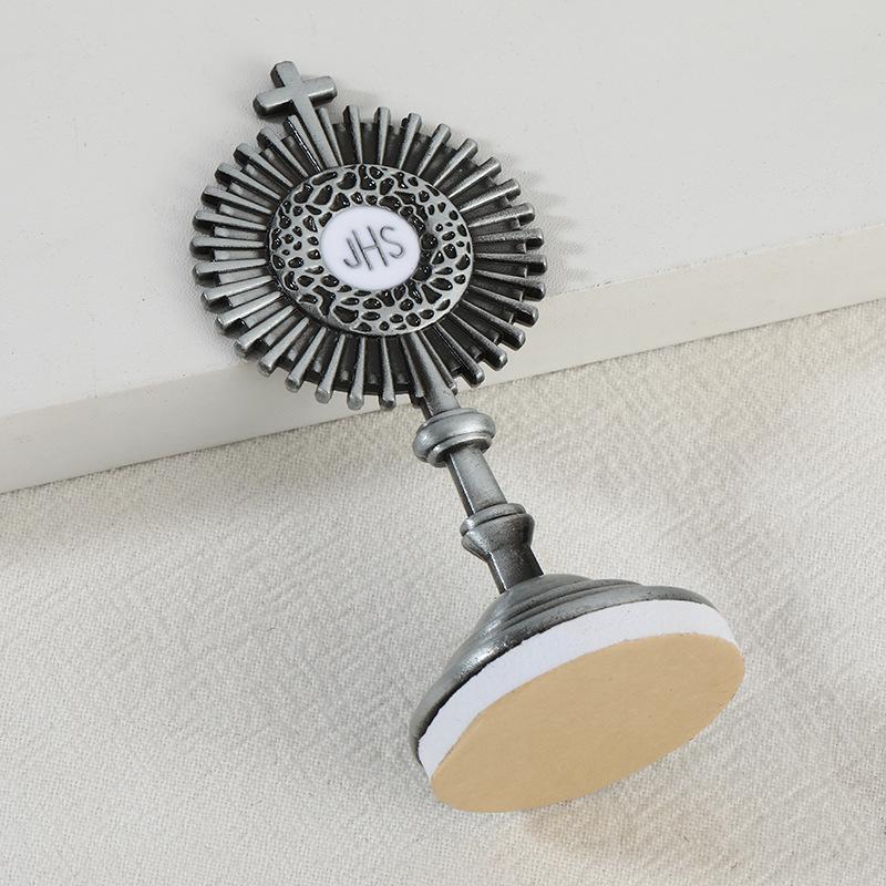 Elegant Metal Art Craft Eucharist Monstrance - Home Office Desk Decor & Car Dashboard Religious Ornament with Detachable Base