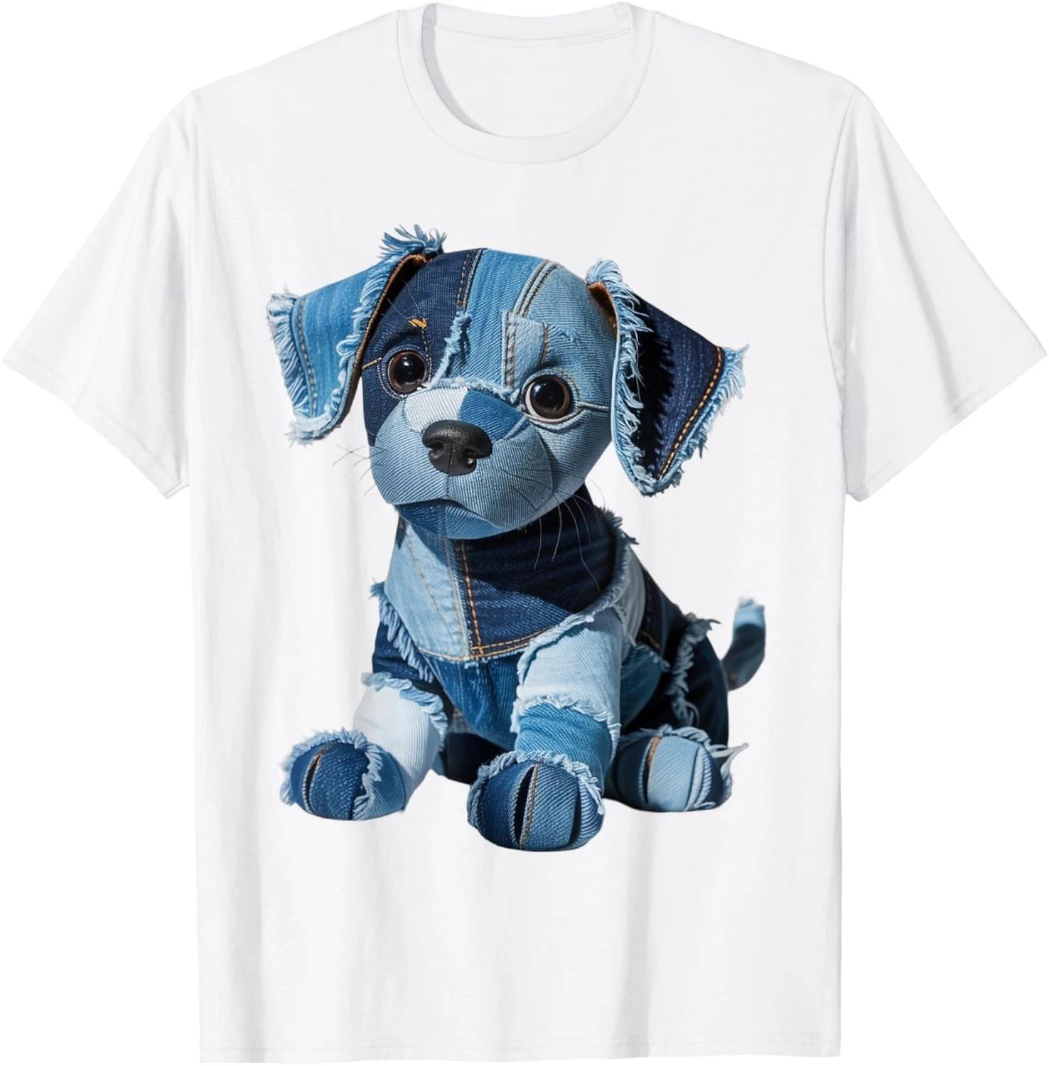 Cute Patchwork Denim Puppy Dog Art Funny Dog Denim Men Women Gift Unisex T-Shirt M