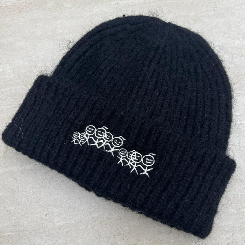 Stickman Embroidered Knit Beanie for Women, Autumn Winter Trendy Cold Hat, Slim Face, Versatile Warm Pile Wool Hat, Fits Big Head Circumference