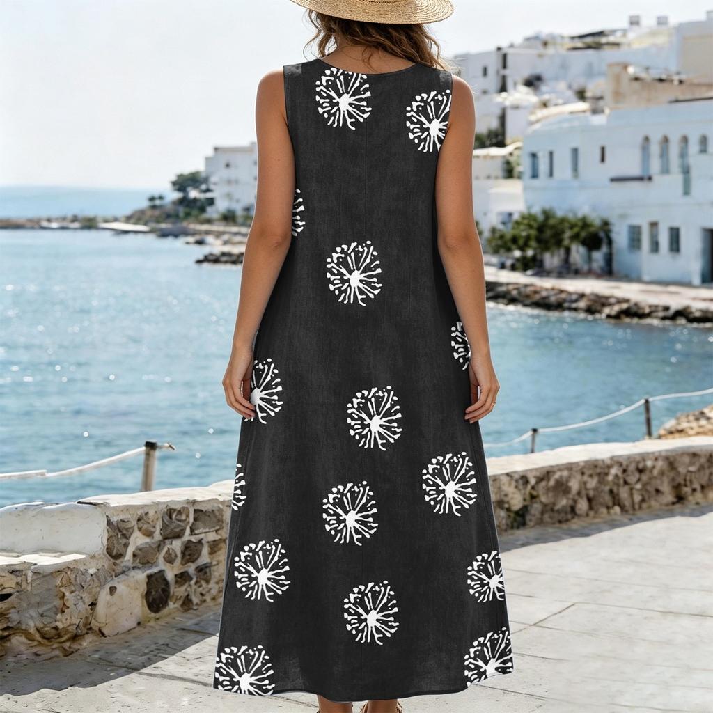 Women U Neck Sleeveless Pocket Split Hem Tank Dress Cotton Linen Casual Loose Fit Floral Print Midi Sundress