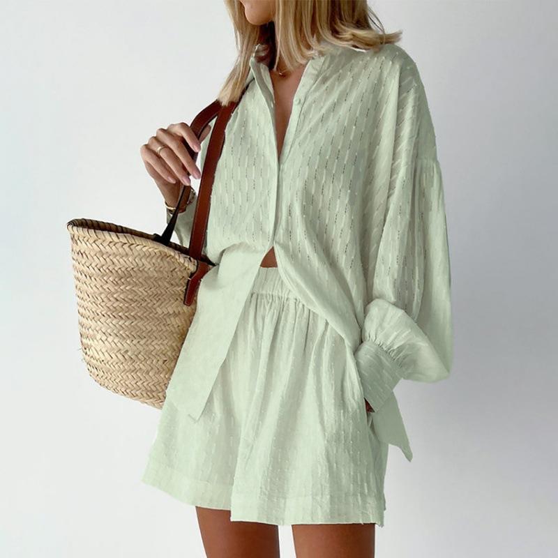 Summer Women's Casual Jacquard Shorts Suit Women Loose Long Sleeve Shirt Two Piece Set Lady Shorts 2 Piece Set