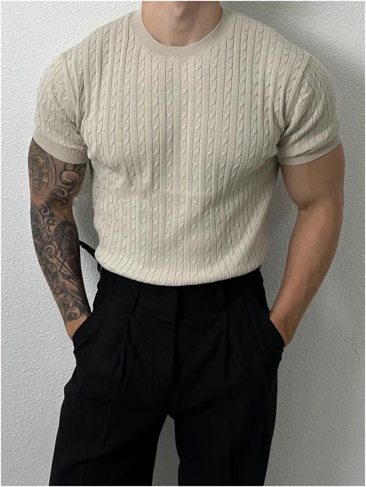 Men's Loose Fit Summer Cable Knit Crew Neck Short Sleeve T-shirt