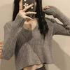 Petite Knitted Gray V-Neck Long Sleeve Sweater for Women - Short Style, High Waist, Autumn/Winter.