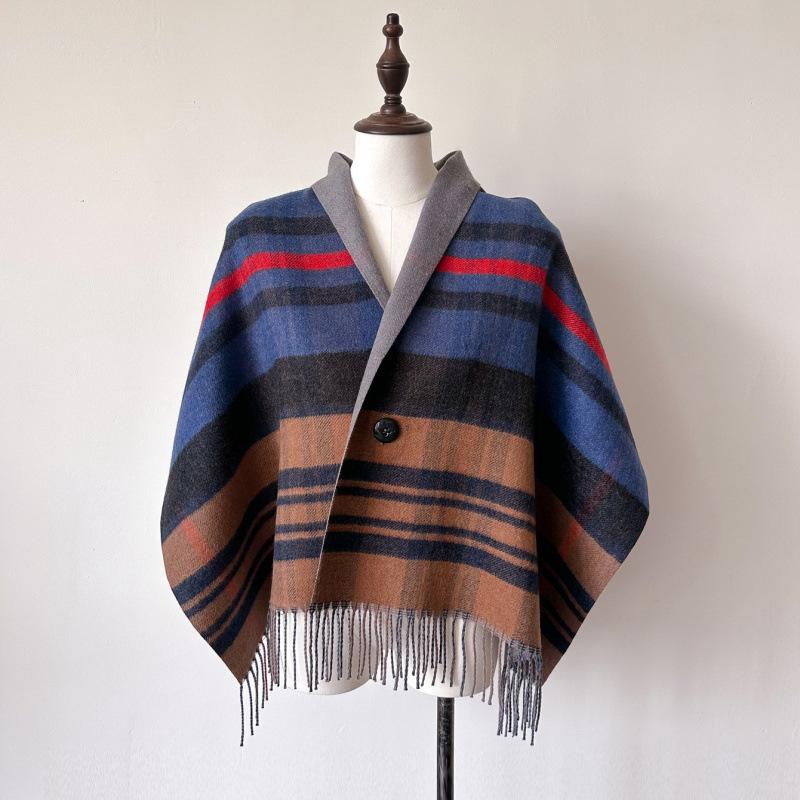 Autumn And Winter New Checkered Scarf Button Cloak Scarf Women'S Winter High End Sensation Imitation Cashmere Red Shawl