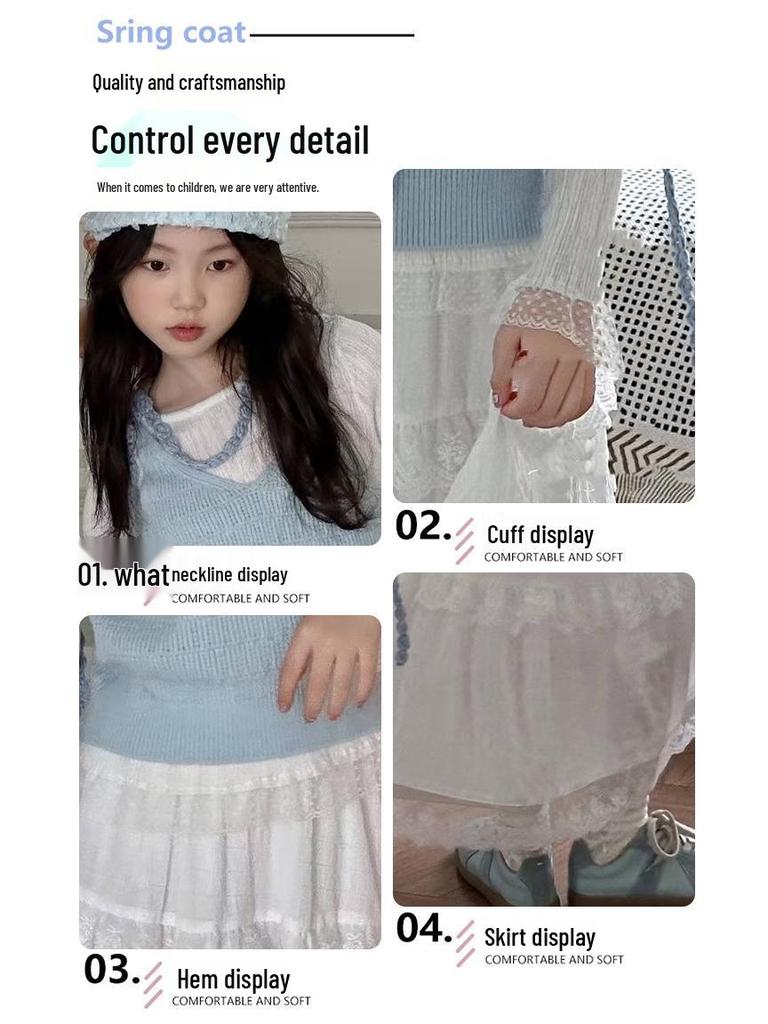 Dívčí módní třídílná sada na podzim 2025: Krajková sukně, svetr a tílko