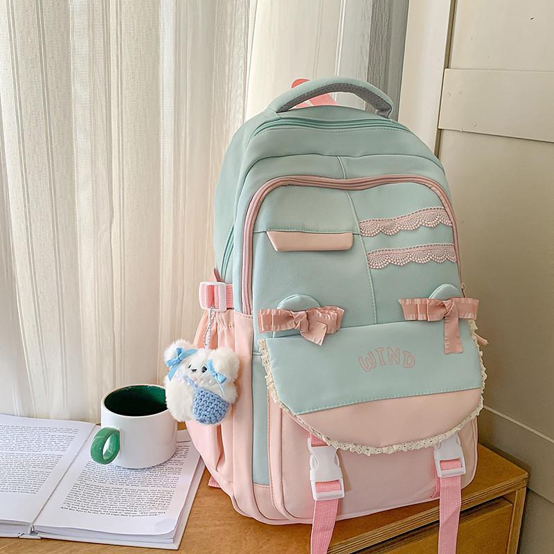 Unisex Nylon Bow Travel Backpack With Color Block Pattern And Compartment Laptop