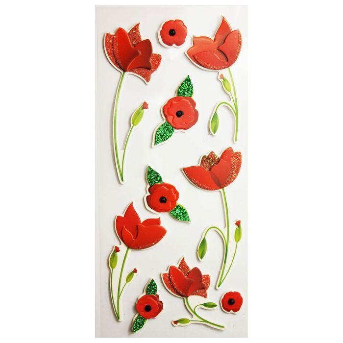Autocollants En Relief À Paillettes - Fleurs Rouges