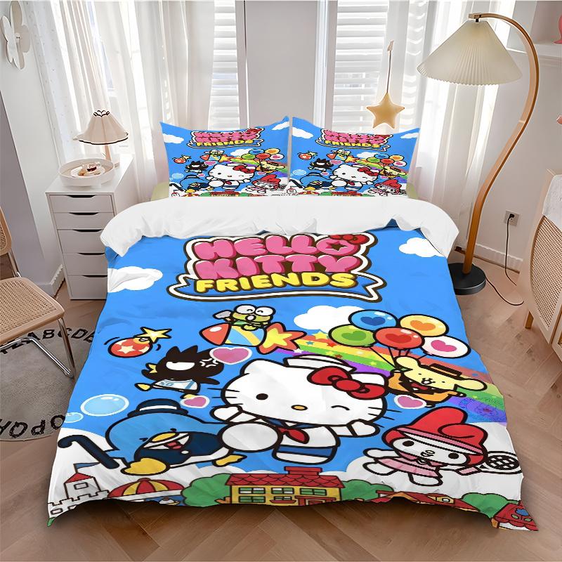 3pcs Lively Hello Kitty Friends Pattern Bedding Three-Piece Set (1 Cover + 2 Pillowcases, No Fillings), Soft and Comfortable W055