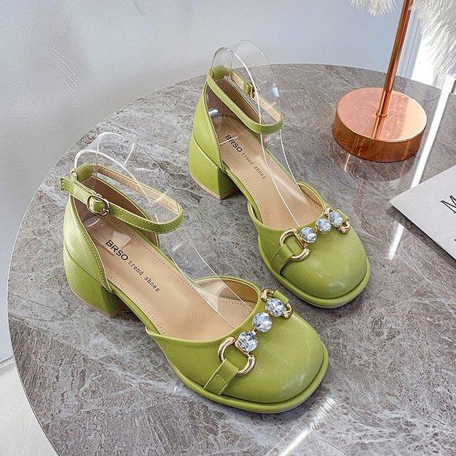 

Новые женские сандалии, летние новые универсальные туфли на толстом каблуке с французскими стразами, туфли Мэри Джейн, женские туфли-лодочки с квадратным носком 34