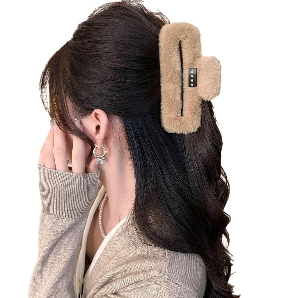 Autumn Winter Elegant Large Plush Claw Clip for Women - Maillard Square Design for Thick Hair