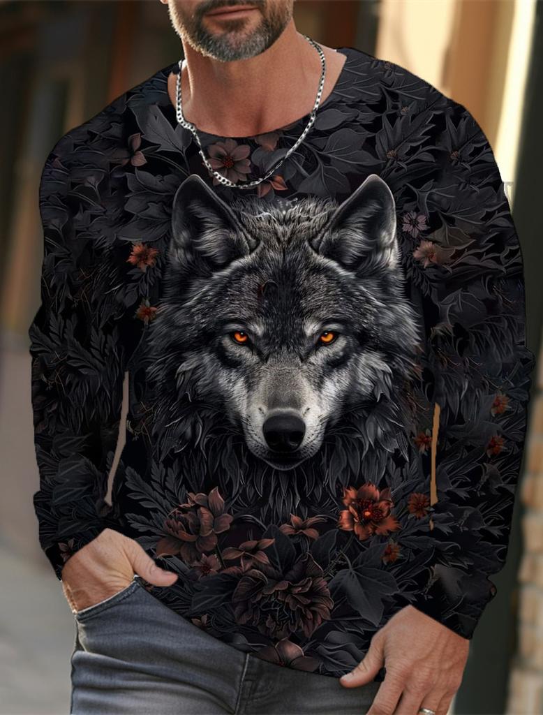 Maglietta a maniche lunghe da uomo con grafica The Wolf, per abbigliamento casual da uomo, maglietta alla moda, stampa 3D completa di animali, streetwear