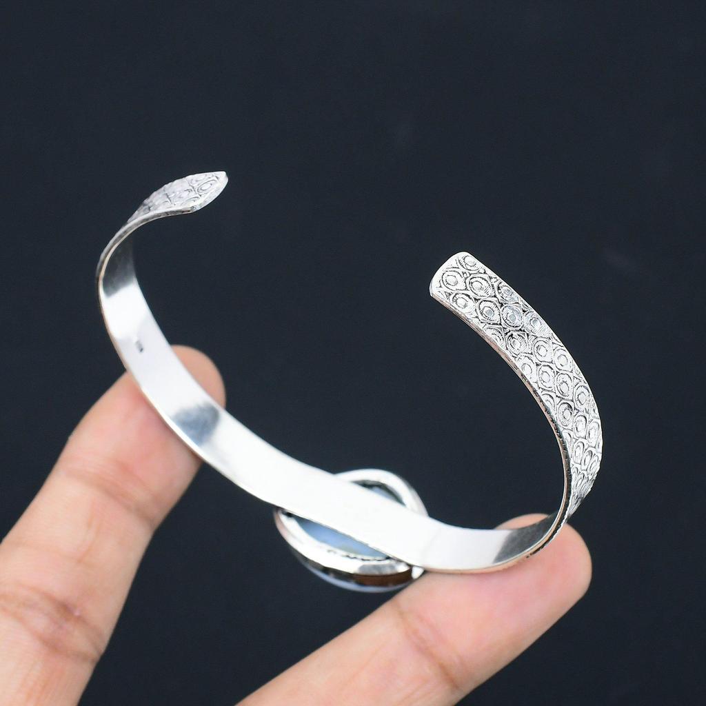 Natural Owyhee Blue Opal Gemstone Bangle Adjustable 925 Sterling Silver Jewelry