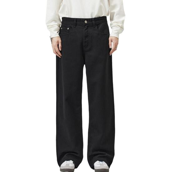 Men Pants Solid Color Straight Wide Leg Retro Style Pants with Pockets Zippered Trousers for Daily Home Streetwear Sports