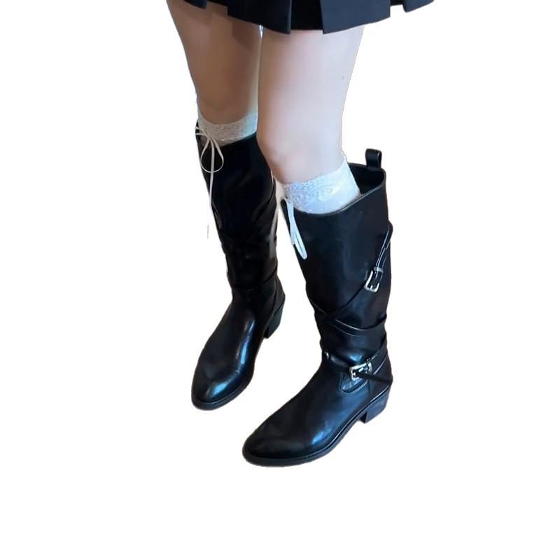 Cowhide version~ long boots women's retro thick heel leather thin knight boots wide tube crossed pointed but knee locomotive boots