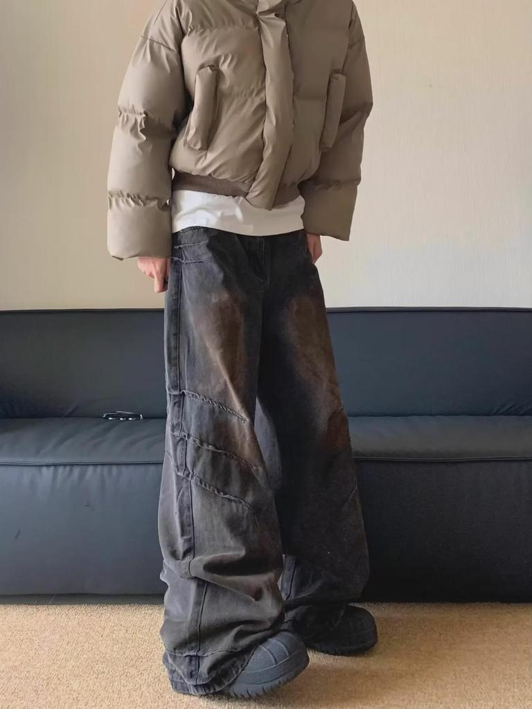 Vaqueros Unisex Americanos Retro Desgastados de Peso Pesado Wasteland: Pantalones plisados rectos holgados de pierna ancha de moda hip-hop