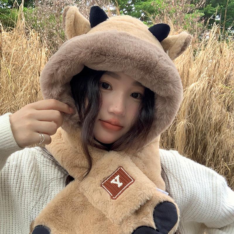 New Bear Hat Winter Cute Warmth Thickened Scarf Integrated Ear Protection Hat Three Piece Set Riding Cold Imitation Rabbit Hair