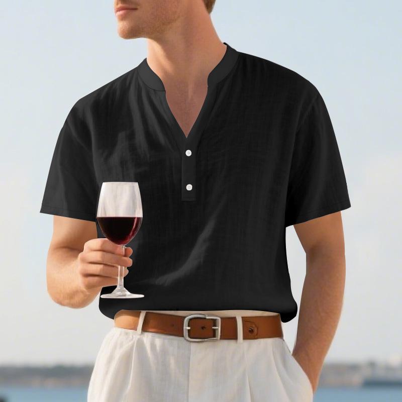 Summer Men's Casual Loose Stand Collar Linen Shirt - Trendy Short Sleeve Plus Size Solid Color