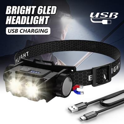 Lampada frontale torcia ricaricabile USB 6 LED senza mani luce da lavoro magnetica con display di alimentazione per uso esterno e interno