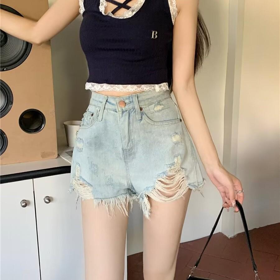 Women s American Retro Spicy Girl High-Waist Raw Hem Ripped Denim Shorts Extra Large
