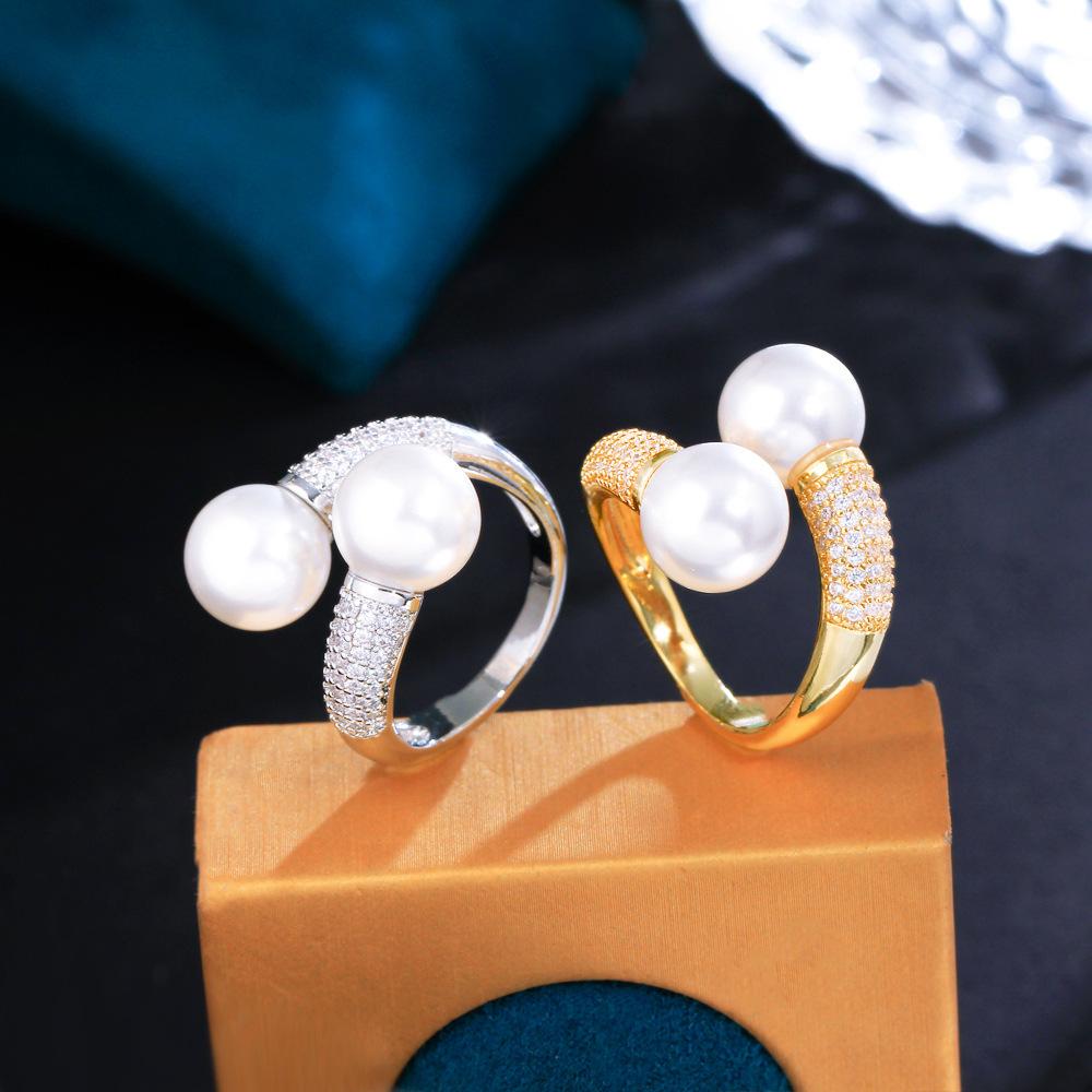 Light Luxury Simple Double Pearl Open Ring Slightly Inlaid Zircon Jewelry