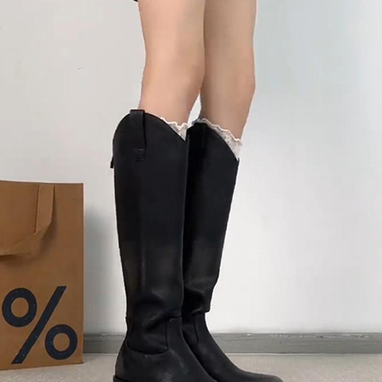 Cowhide Version~ Retro Western Cowboy Boots Women's 20225 New Polished Square Head Thick Heel Thin Versatile Knight Boots