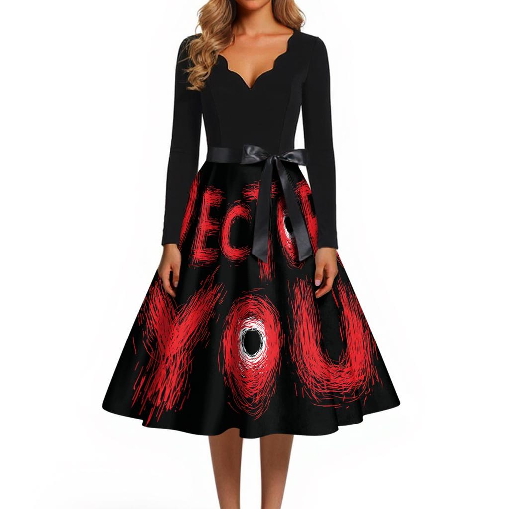 Damen V-Ausschnitt Vintage Halloween Print Kleid für legere Party-Kleidung