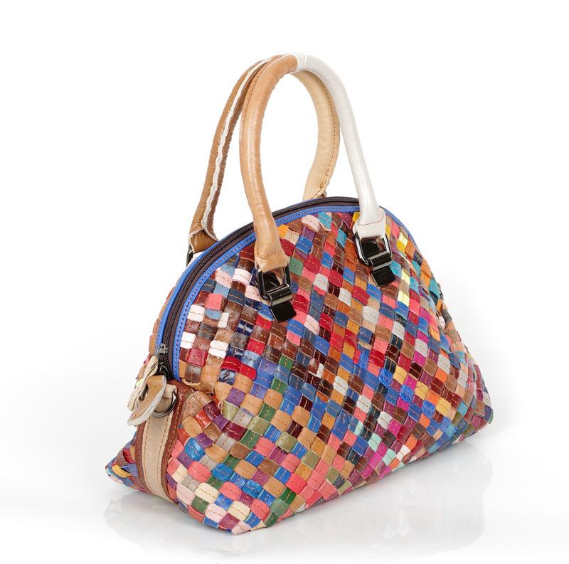 Genuine Leather Hand-Woven Cowhide Contrasting Color Casual Retro Handbag Single Shoulder Women'S Bag Crossbody