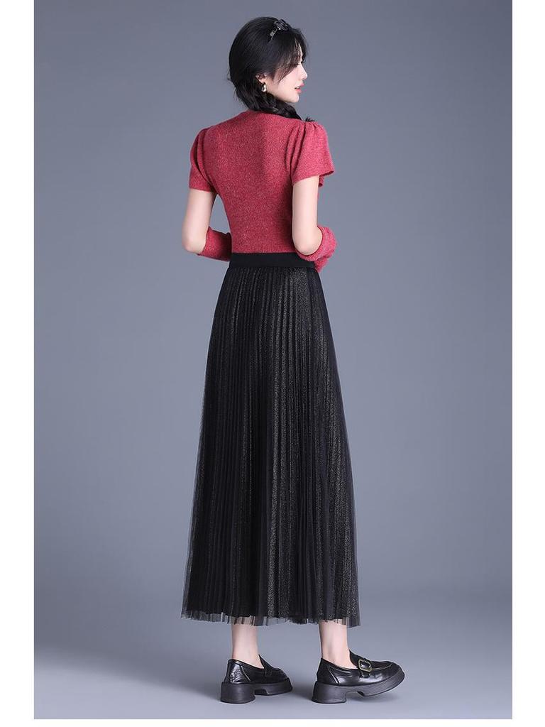 Elegant High Waist Pleated Silk Mesh Skirt – Double-Sided Versatile Fashion Skirt for Women
